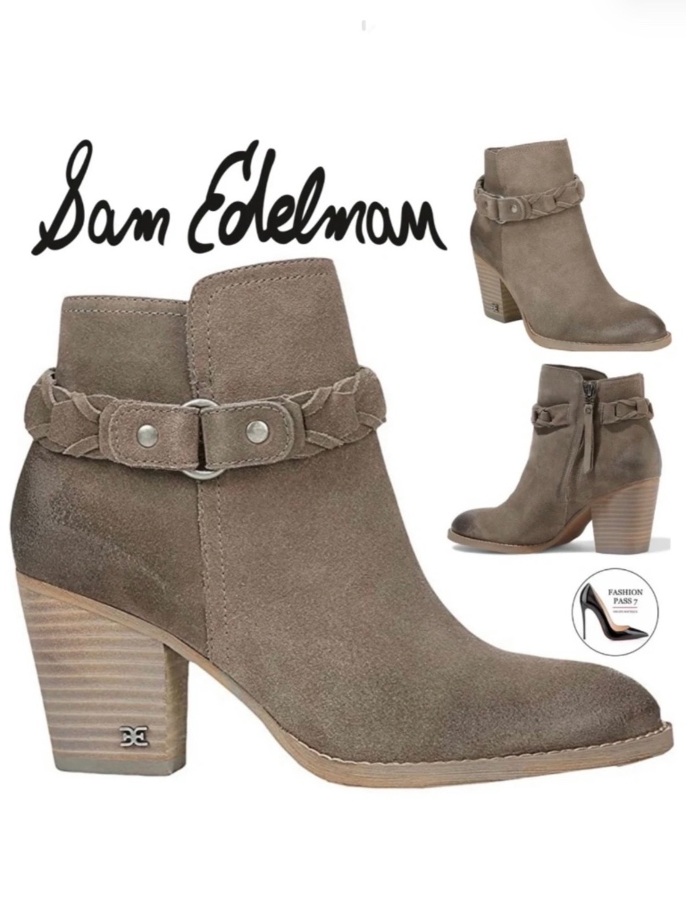 Sam Edelman Minetta Burnished Grey Suede Almond Toe Block Heel Ankle Boot Bootie